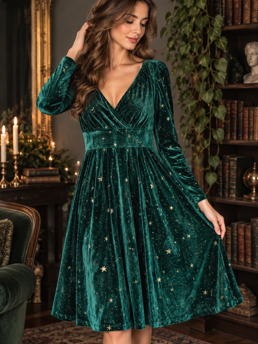 Emerald Green Velvet Gold Star Celestial Long Sleeve Mini Dress 2XL